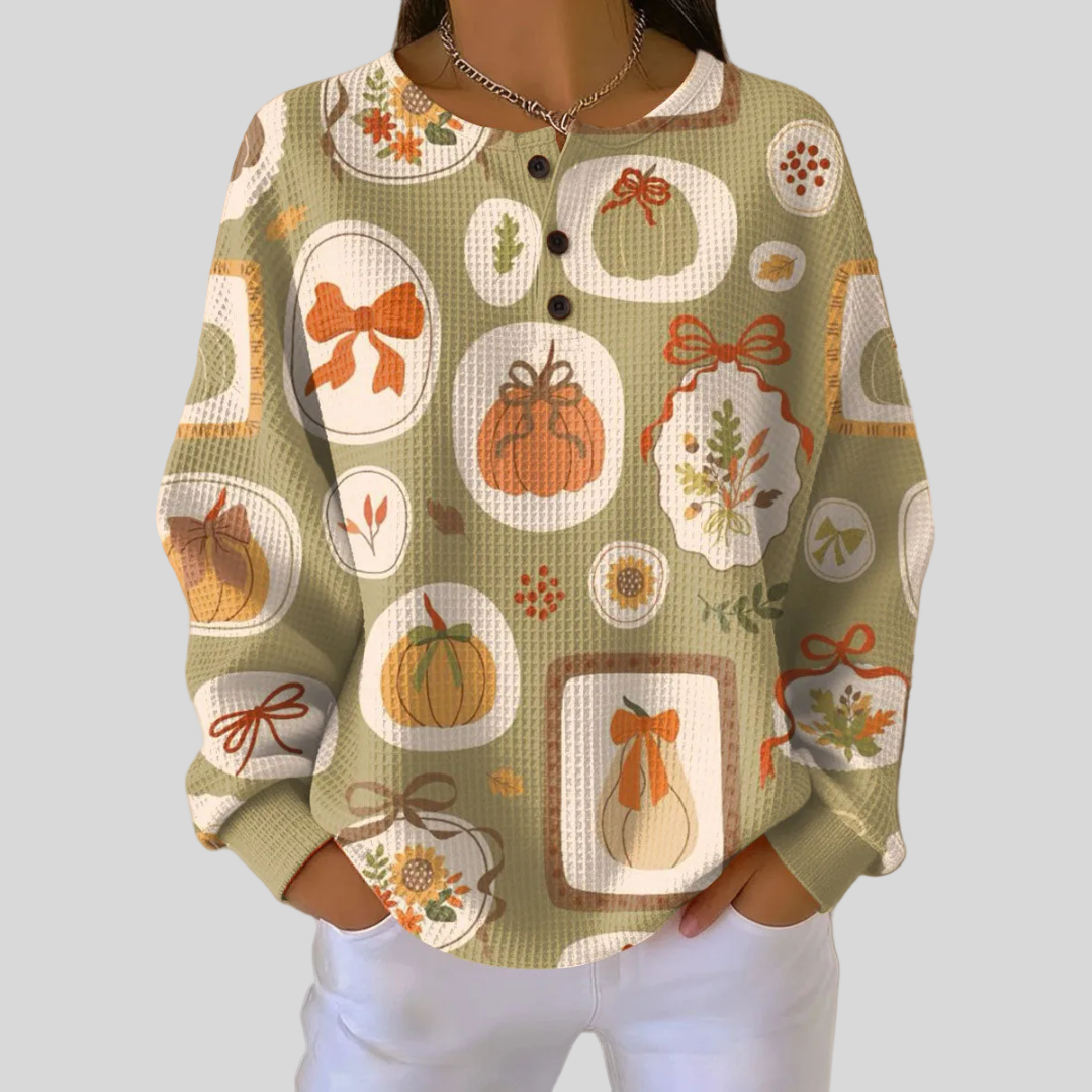 Waffle Knit Pumpkin Pattern Sweatshirt for Women Colette