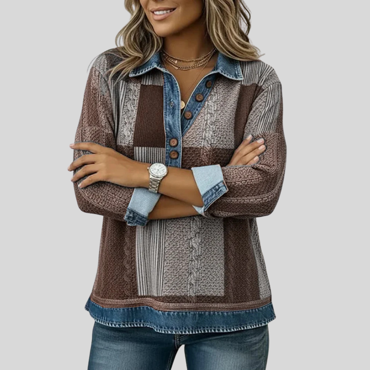 Women's Denim Effect Patchwork Jumper Sylvie