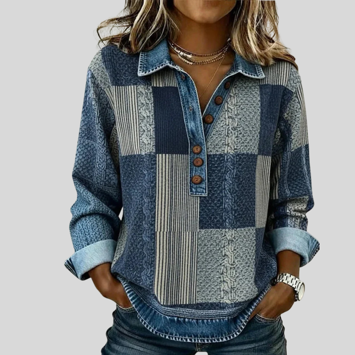 Women's Denim Effect Patchwork Jumper Sylvie