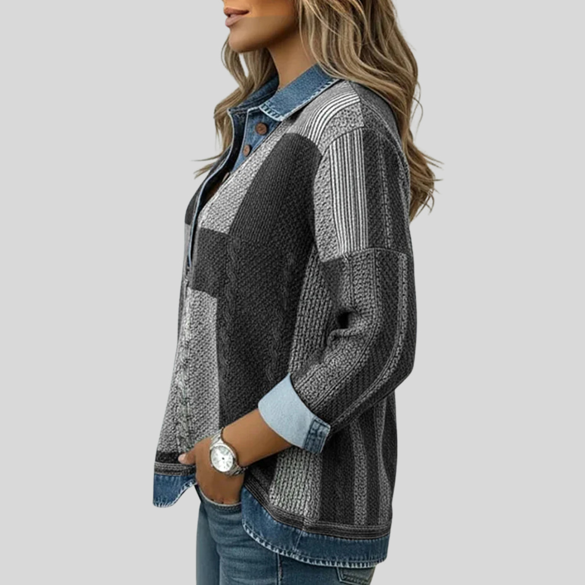 Women's Denim Effect Patchwork Jumper Sylvie